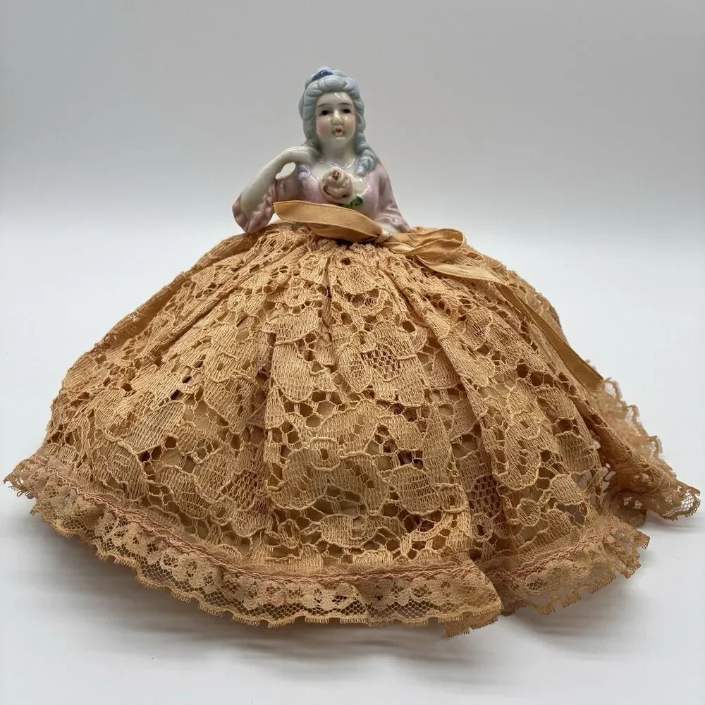 Vintage German porcelain half doll needle and pin cushion with lace dress 8